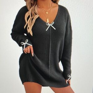 Black Ribbed Sweater Dress with White Bow Accents